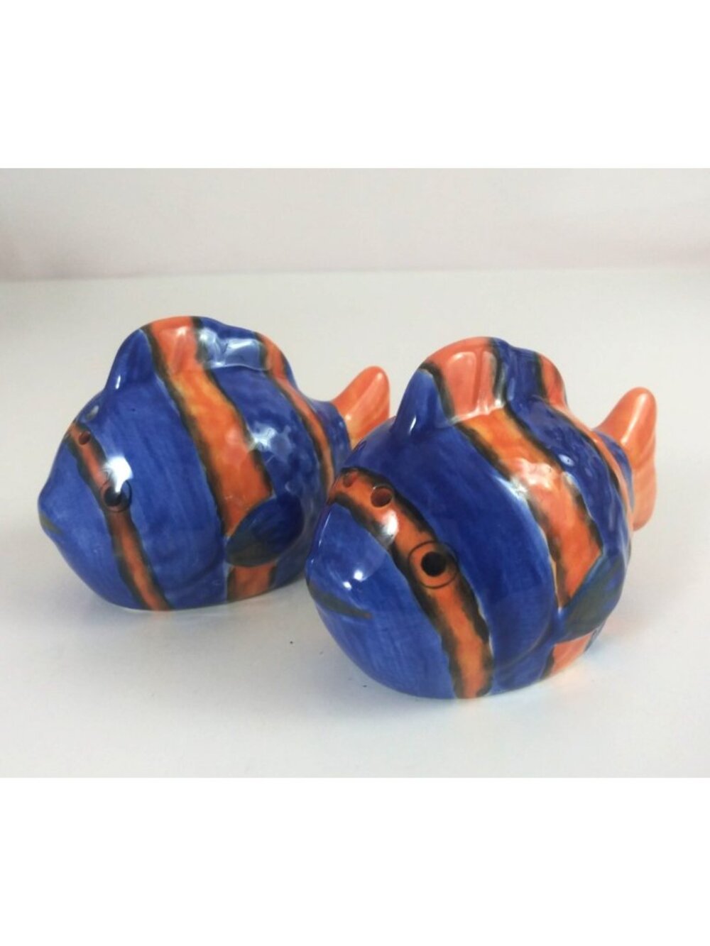 Vintage Beautiful Blue & Orange Striped Tropical Fish Salt & Pepper Shakers